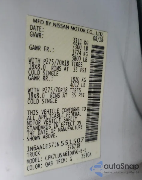 2018 Nissan Titan Sv z USA, uszkodzony, nr VIN 1N6AA1E57JN551507